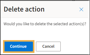 Delete Action window with yellow highlight box around the Continue button.